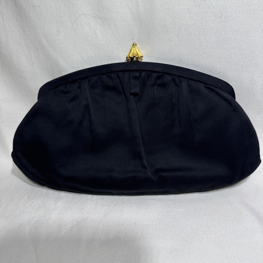 Saks Fifth Ave VTG Satin Silky Black Gold Kiss lock‎ Evening Bag Clutch Purse